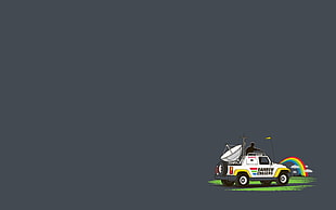 white vehicle with satellite antenna illustration, minimalism, humor, rainbows, simple background HD wallpaper