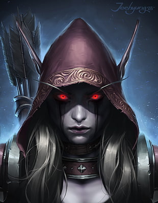 female character wearing hood artwork, fantasy art, Sylvanas Windrunner