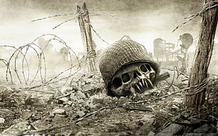 soldier skull with m-1 helmet in sepia photography HD wallpaper