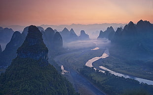 mountains, nature, landscape, river, mist