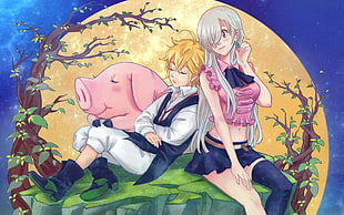 couple and pig near trees in animated photo HD wallpaper