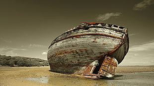 gray wooden boat, ship, wreck, vehicle