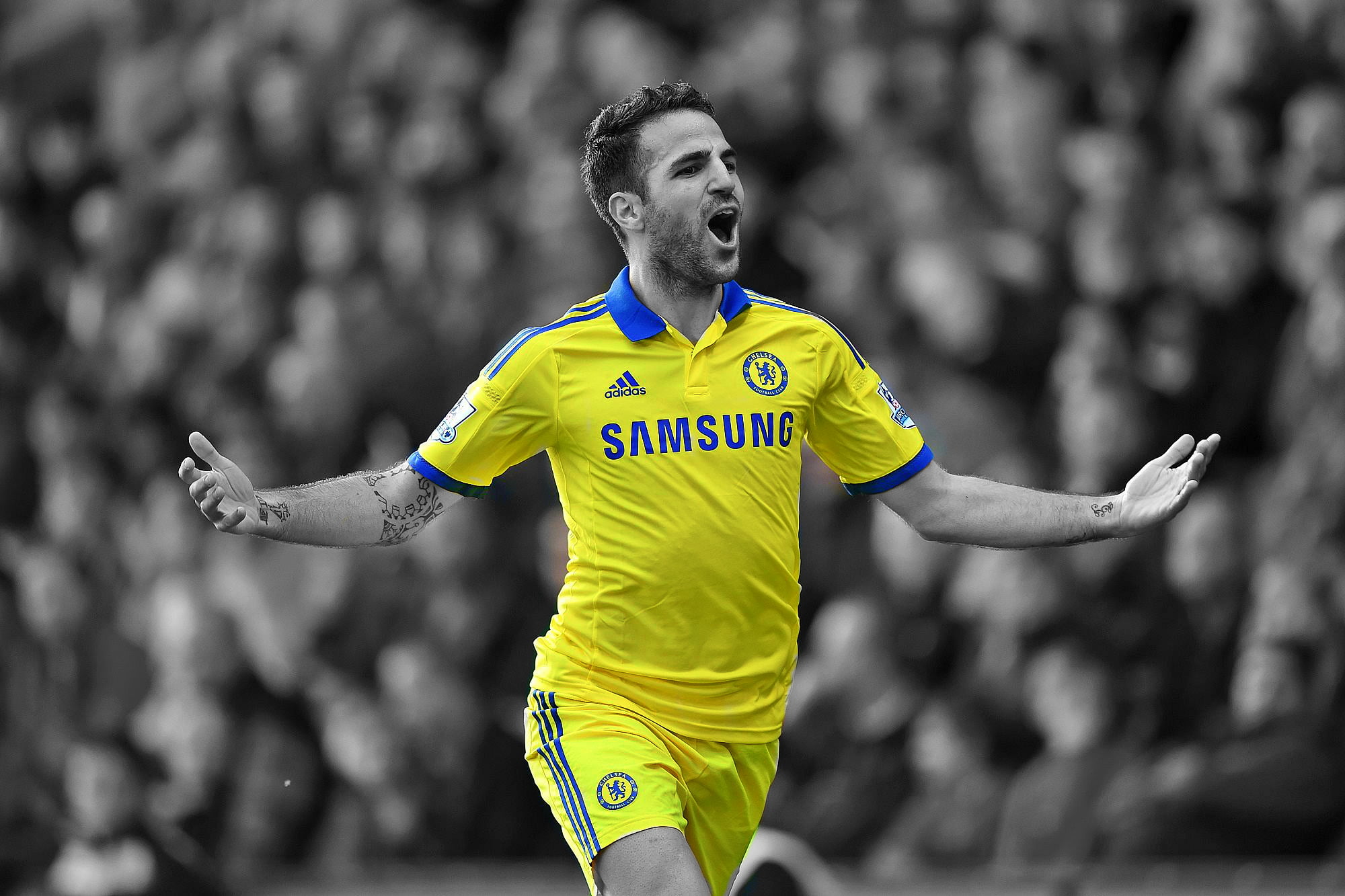 Yellow and blue adidas football jersey, Cesc Fabregas, Chelsea FC,  selective coloring, soccer HD wallpaper | Wallpaper Flare