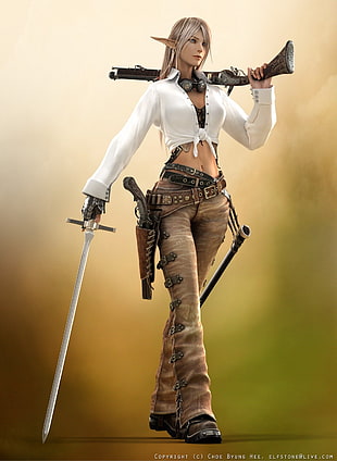 Elfstone woman elf wearing white front-tie jacket holding gun and sword digital wallpaper