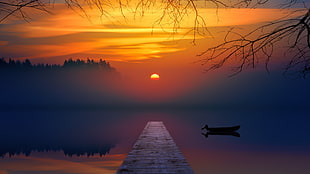 gray wooden dock, sunset, colorful, lake, mist HD wallpaper