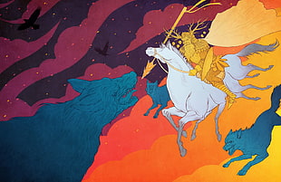 bearded man riding horse illustration, mythology, wolf, clouds, horse HD wallpaper