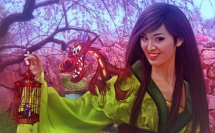 Woman wearing green Oriental dress illustration