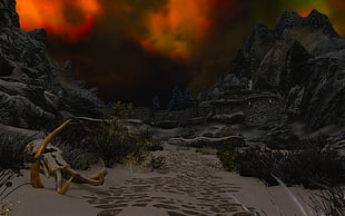black mountain illustration, The Elder Scrolls V: Skyrim, ENB, valley, video games HD wallpaper