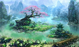 pink leafed tree on lake painting, artwork, fantasy art, trees, Asian architecture HD wallpaper
