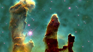 green and brown clouds illustration, Pillars of Creation, space, nebula, space art HD wallpaper