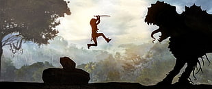 silhouette of man holding stick, fantasy art HD wallpaper