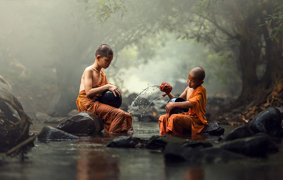 Boy's orange top, monks, Thailand HD wallpaper | Wallpaper Flare