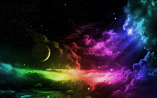 purple, yellow, and green clouds with full moon digital wallpaper, space, stars, planet, colorful HD wallpaper