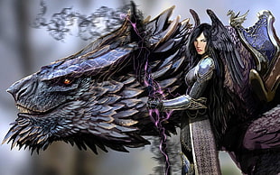 black haired female cartoon characeter, fantasy art, artwork, dragon