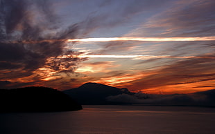 orange sunset and mountain, landscape, sunlight, sea, nature