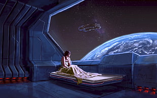 woman sitting on bed illustration, digital art, bed, space, futuristic HD wallpaper