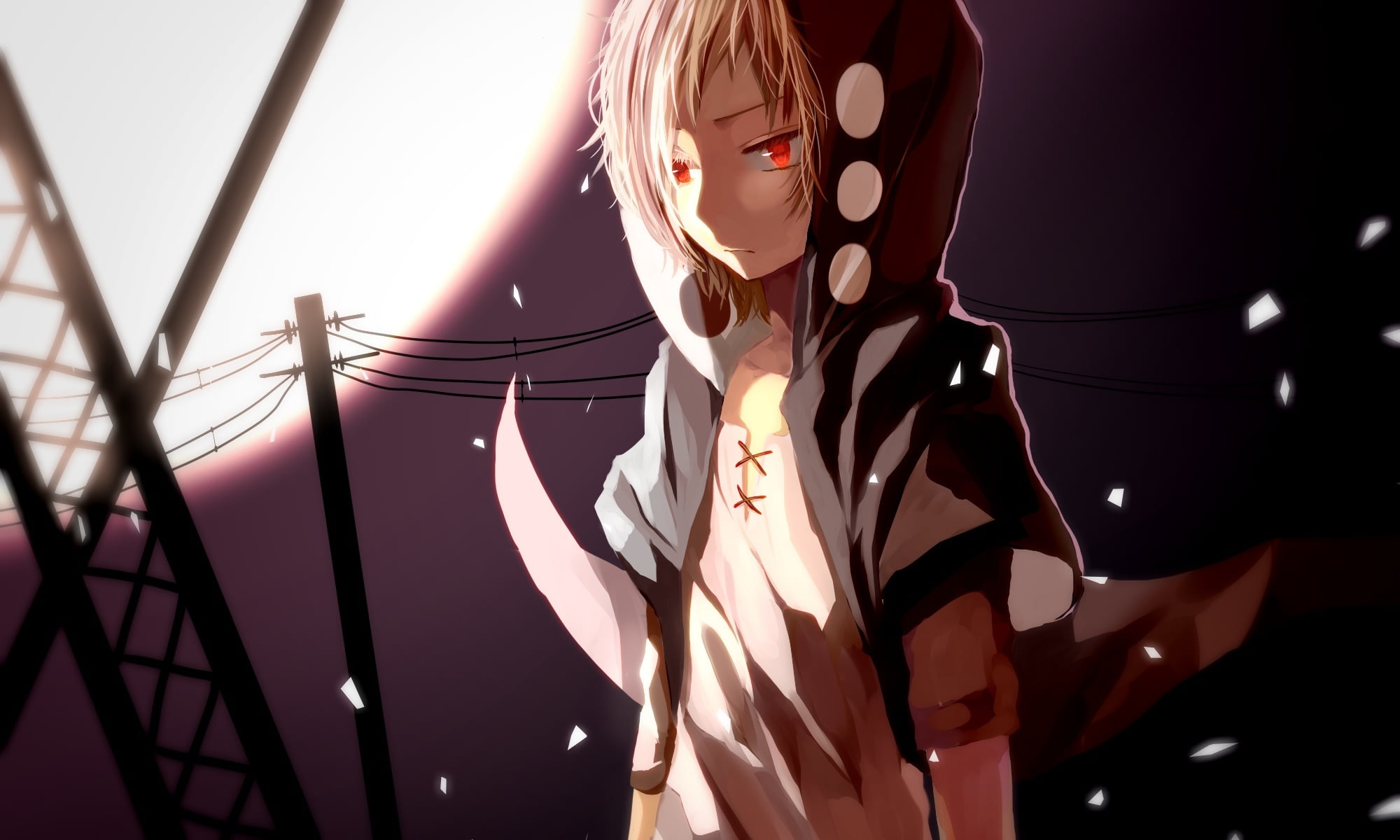Blonde Male Character With Red Eyes In Hoodie Under Moonlight