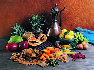 assorted tropical fruits and gray steel pitcher HD wallpaper