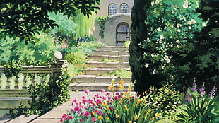 green and pink flower arrangement, stairs, garden HD wallpaper