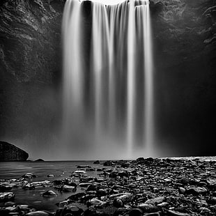 grayscale landscape photo of waterfalls