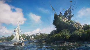 two brown sailing boats front of brown rock mountains, Skull & Bones, Ubisoft, pirates HD wallpaper