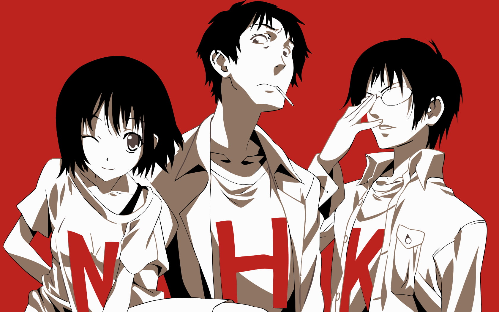 three anime characters digital wallpaper, Welcome to the NHK, Satou Tatsuhiro, Nakahara Misaki, Kaoru Yamazaki