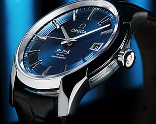 photography of round silver-colored bezel Omega analog watch with black leather strap HD wallpaper