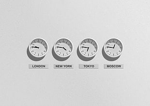 London, New York, Tokyo, and Moscow analog wall clocks HD wallpaper