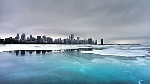blue body of water, cityscape, ice, clouds, Chicago HD wallpaper