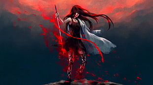 woman holding sword illustration, katana, women, artwork, digital art