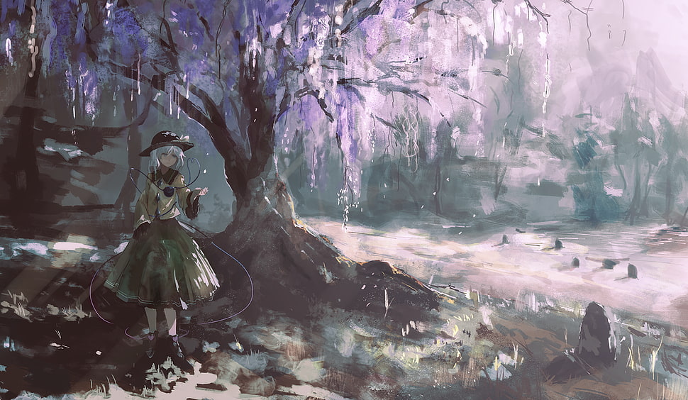 female anime character beside blossom tree HD wallpaper