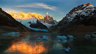 snow capped mountain, mountains, lake, glaciers, snow