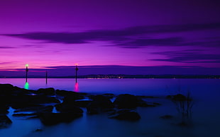 silhouette of calm body of water, night, sea, sky, purple HD wallpaper