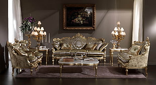 brass-based gray floral fabric sofa set HD wallpaper