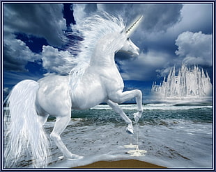 illustration of a white unicorn running on a white castle HD wallpaper