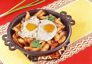 fried potatoes with fried egg on top HD wallpaper