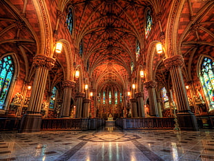 brow and gray cathedral, lights, architecture, cathedral
