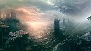 city got flooding painting, artwork, fantasy art, apocalyptic HD wallpaper