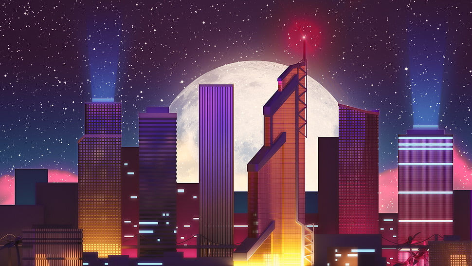 brown and purple city illustration HD wallpaper
