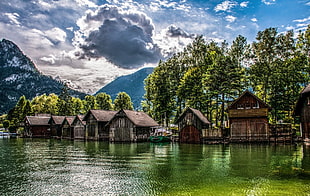 brown wooden houses, nature, landscape, lake, mountains HD wallpaper