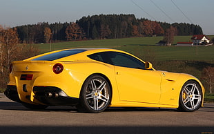 yellow 5-door hatchback, car, Ferrari, yellow cars, Ferrari F12 HD wallpaper