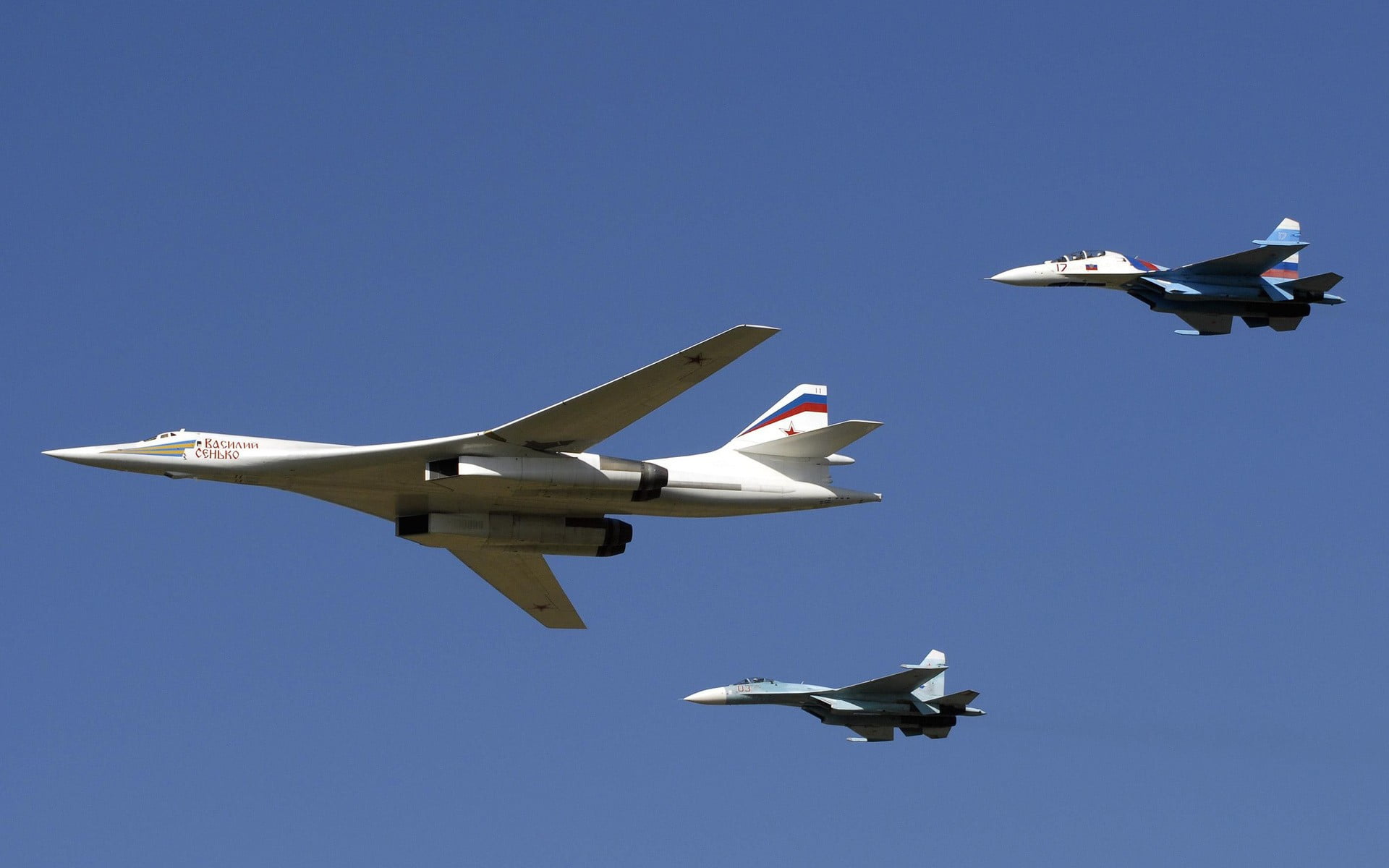 three beige and blue fighter jets, Tupolev Tu-160, aircraft, military aircraft, jet fighter