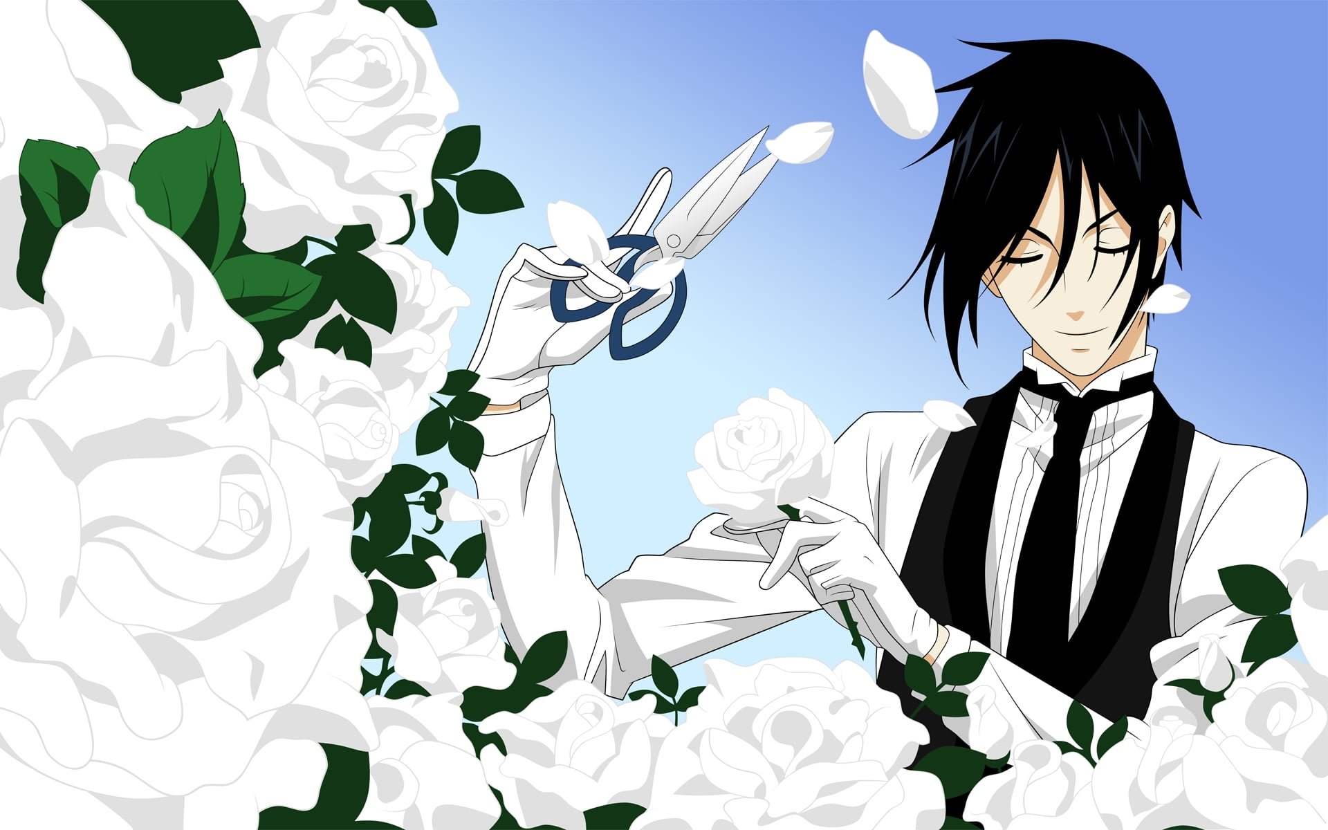 Male anime character with black hair wearing white dress shirt and black  vest with white Rose Flower HD wallpaper | Wallpaper Flare