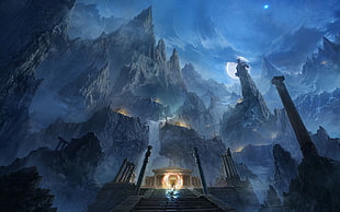 beige temple near mountains during night digital wallpaper, mountains, fantasy art, Moon, night HD wallpaper