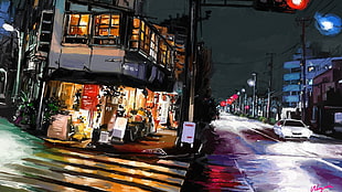 white car, Tokyo, painting, artwork, lights HD wallpaper