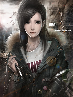 female anime character in black jacket illustration HD wallpaper