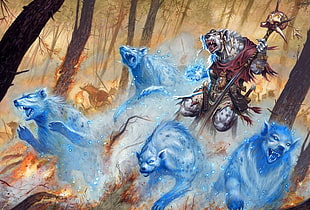 gray wolf summoning white fox cartoon character illustration