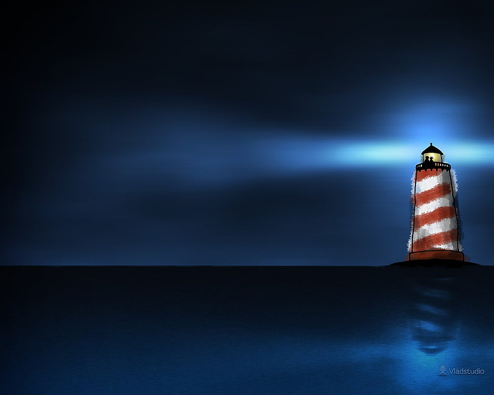 lighthouse and body parts of water illustration, Vladstudio, lighthouse, sea, reflection HD wallpaper