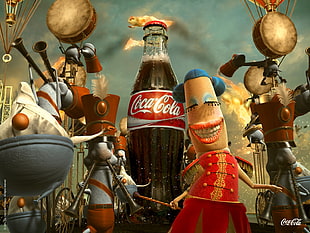 Coca-cola glass soda bottle filled with brown liquid with 3D animated figures commercial HD wallpaper
