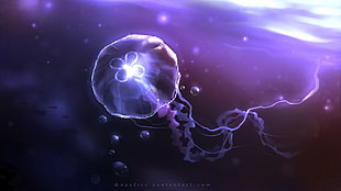 purple jelly fish, Apofiss, jellyfish, artwork, bubbles HD wallpaper